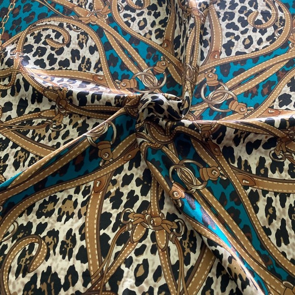 Satin Square Leopard Chain Bit Bridle Boho Scarf Neck teal blue Old Money 💖 - Picture 8 of 16